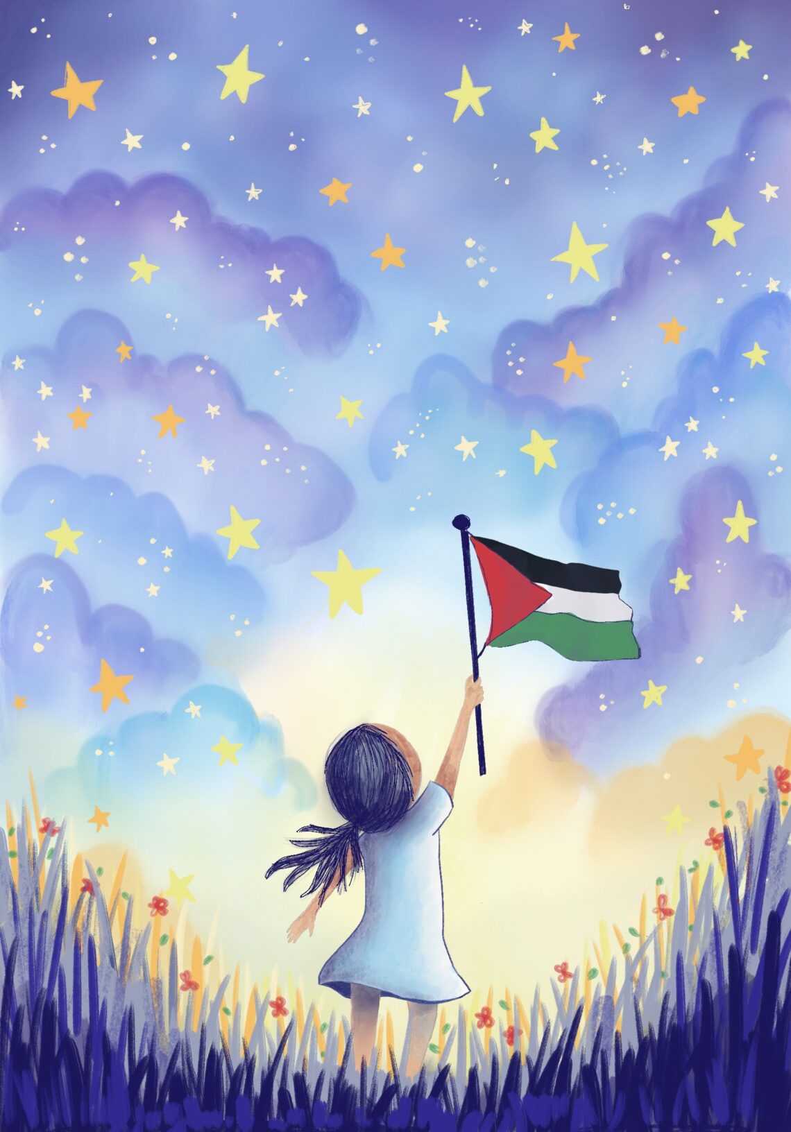 Free Palestine digital artwork, girl holding Palestinian flag